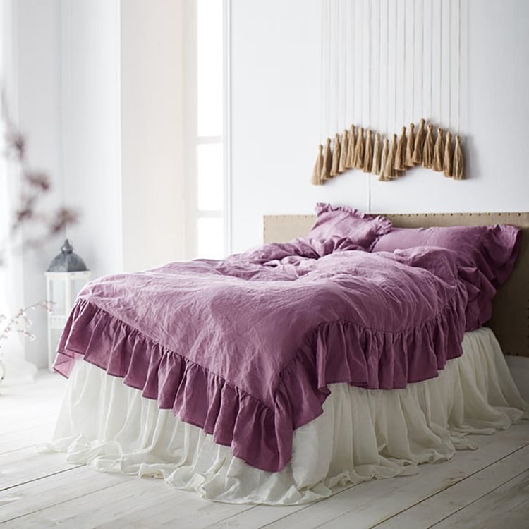 Purple 100% Flax Linen Duvet Cover Set With Ruffled -ChouChouHome