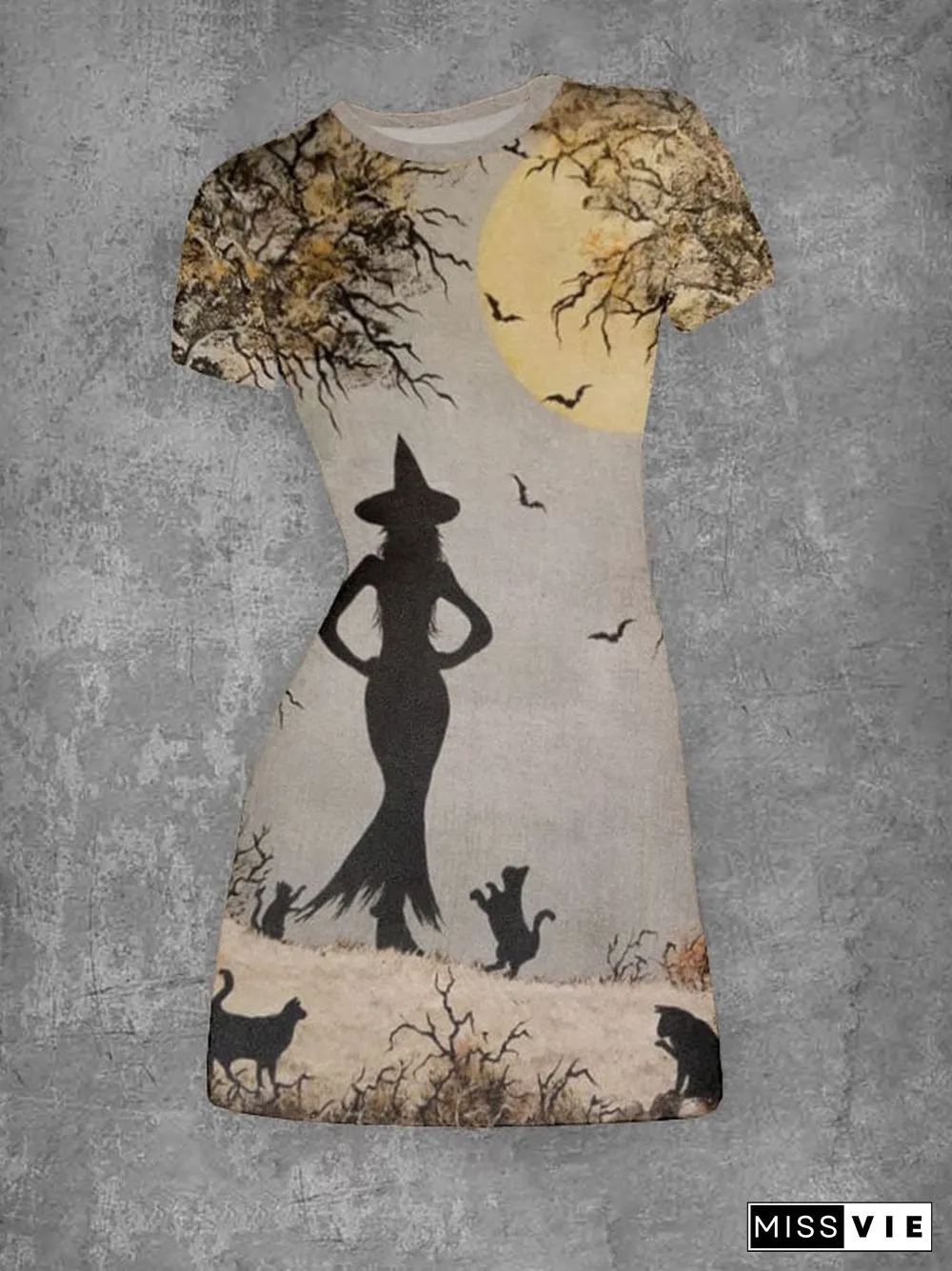 Women's Dark Witch Silhouette Print Slim Dress