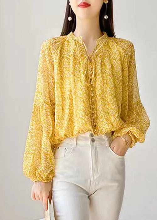 Cute Yellow Stand Collar Print Button Lace up Chiffon Shirt Long sleeve