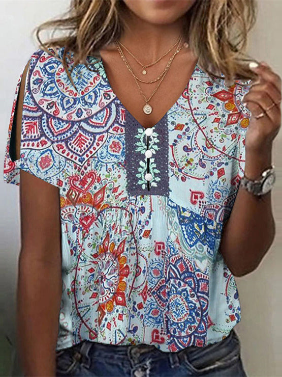 Women Long Sleeve V-neck Graphic Floral Printed Top