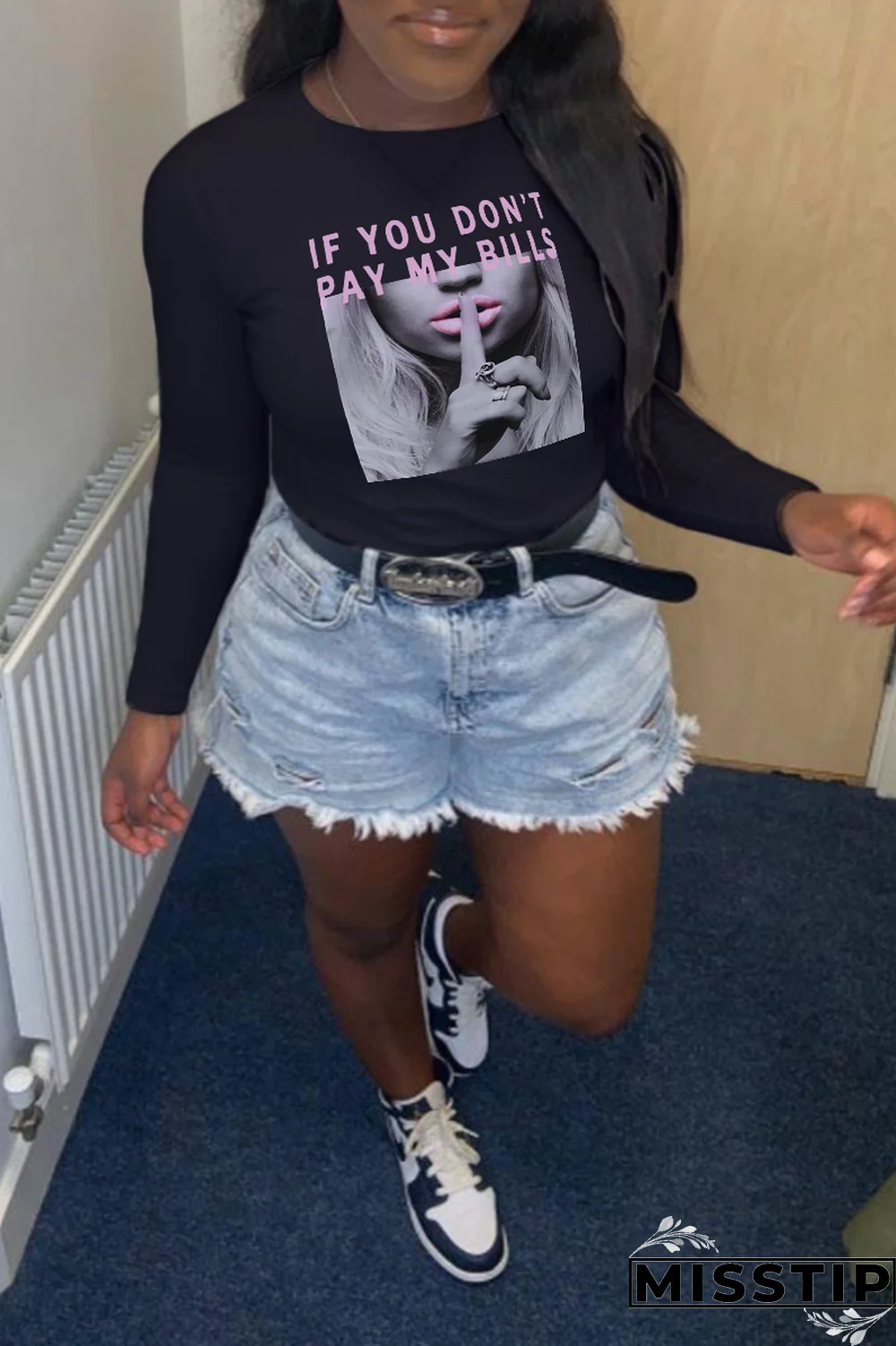 Black Street Vintage Print Patchwork Letter O Neck Tops