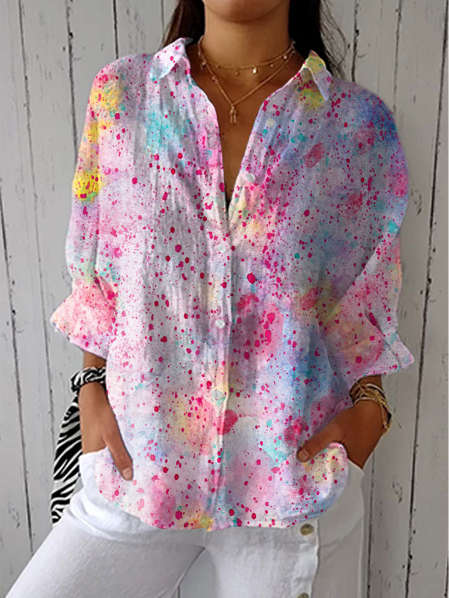 Women's Bright Colorful Spot Art Print Casual Linen V-neck Shirt