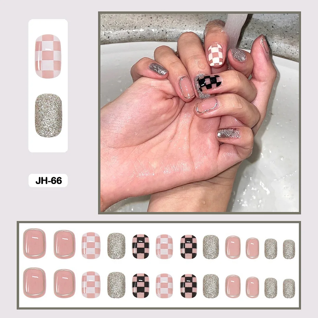 24pcs/box Classic Checkerboard Pattern Geometric Simplicity Nail Art Short False Nails With Glue Fake Nails With Wearing Tools-Nail Inspo