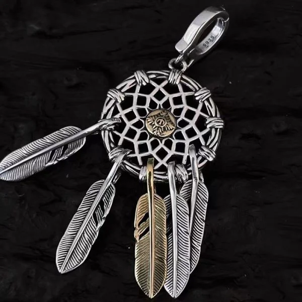 Sterling Silver Feather Skeleton Dreamcatcher Peace Pendant Necklace