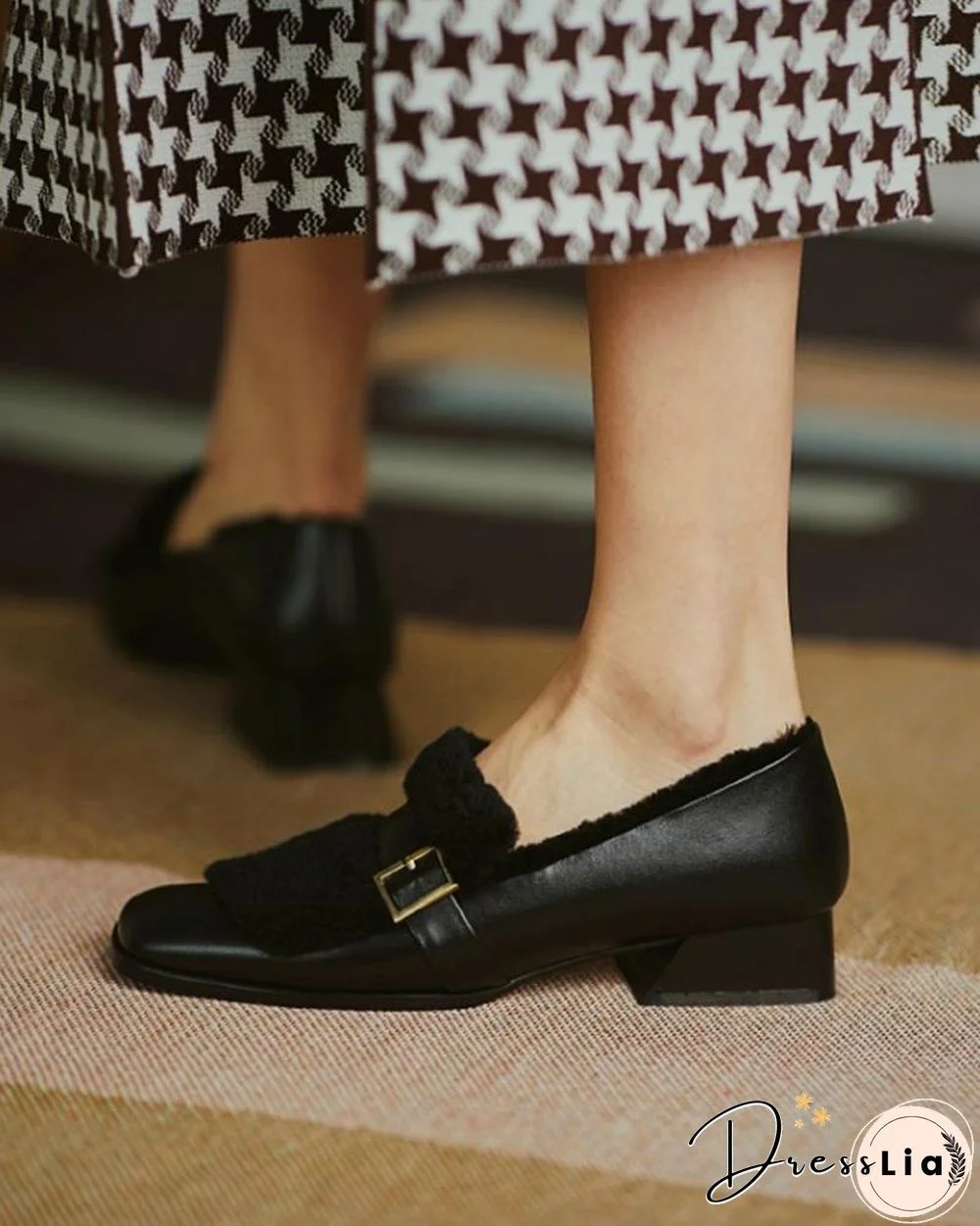 Solid One Buckle Fluffy Low Heel Loafers Slip-on