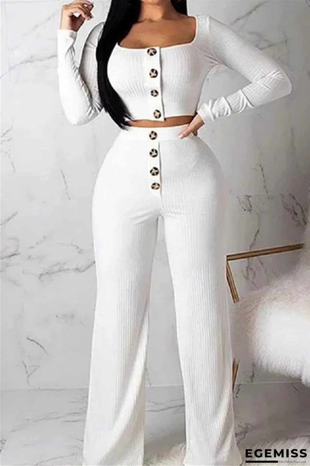 White Fashion Casual Solid Buttons Square Collar Long Sleeve Two Pieces | EGEMISS