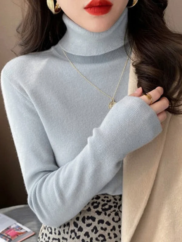 Simple Skinny Long Sleeves Solid Color High-Neck Pullovers