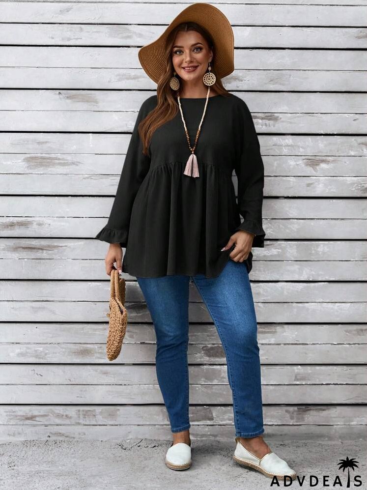 Plus Size Women's Spring/Summer Solid Color Round Neck Long Sleeve Loose Cute Blouse