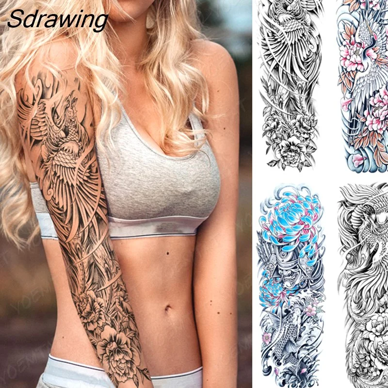 Sdrawing Arm Tattoos Phoenix Bird Crane Koi Wing Feather Waterproof Temporary Tattoo Sticker Women Men Body Art Flower Fake Tatto