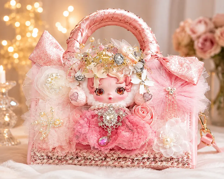 Pink Princess Doll Handbag, Kawaii Lace Purse with Pearls & Flowers, Cute Statement Shoulder Bag, Unique Gift for Her