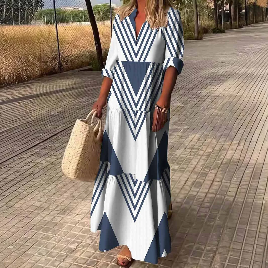 Women Geometric, Blue, White DZDN0548 SPU Printed Long Sleeve V-neck Maxi Dress