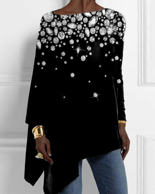 Sparkling Crystal Print Loose Hem Top