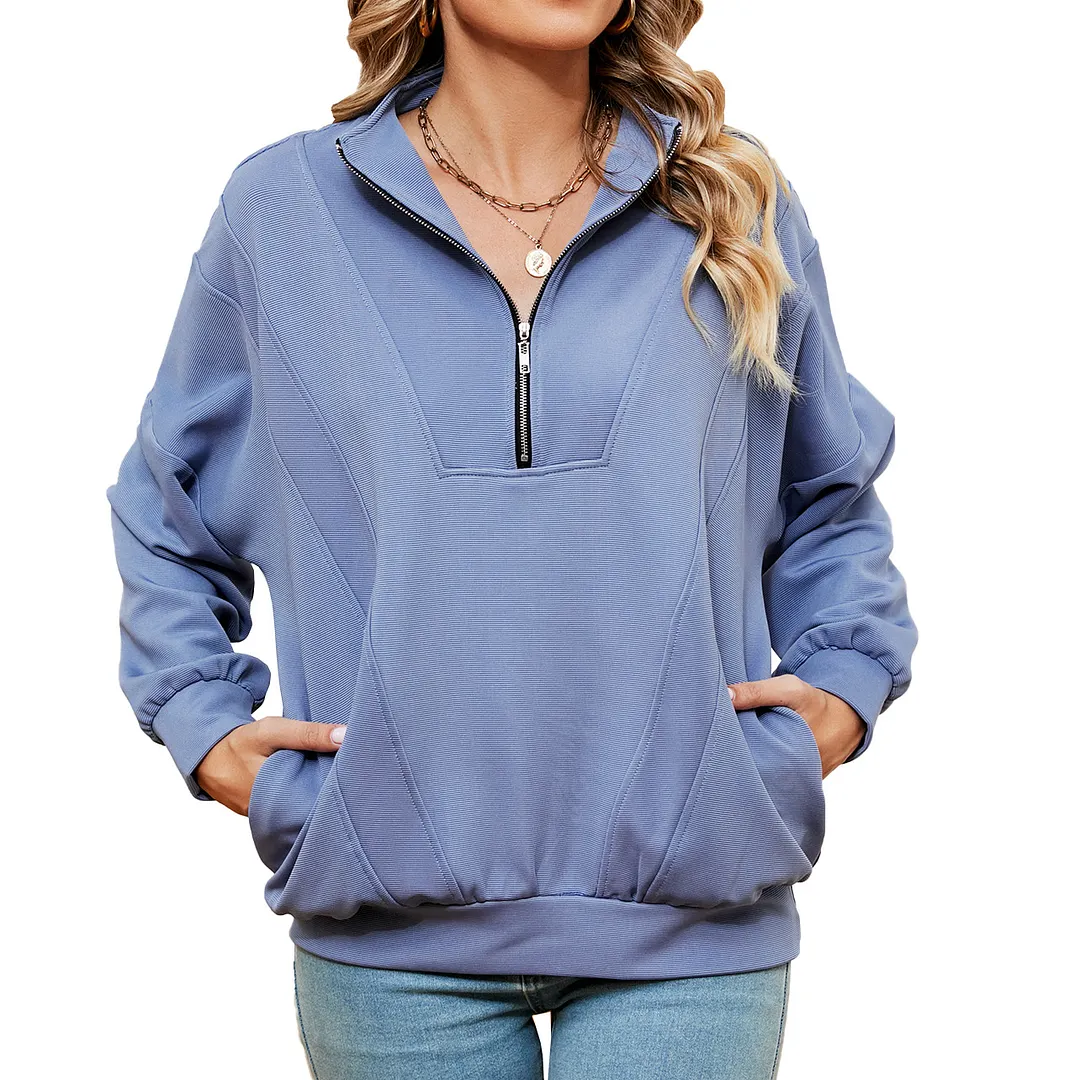 Churchf Churchf New Standing Collar Zipper Pocket Solid Color Long Sleeve Casual Hoodie Woman