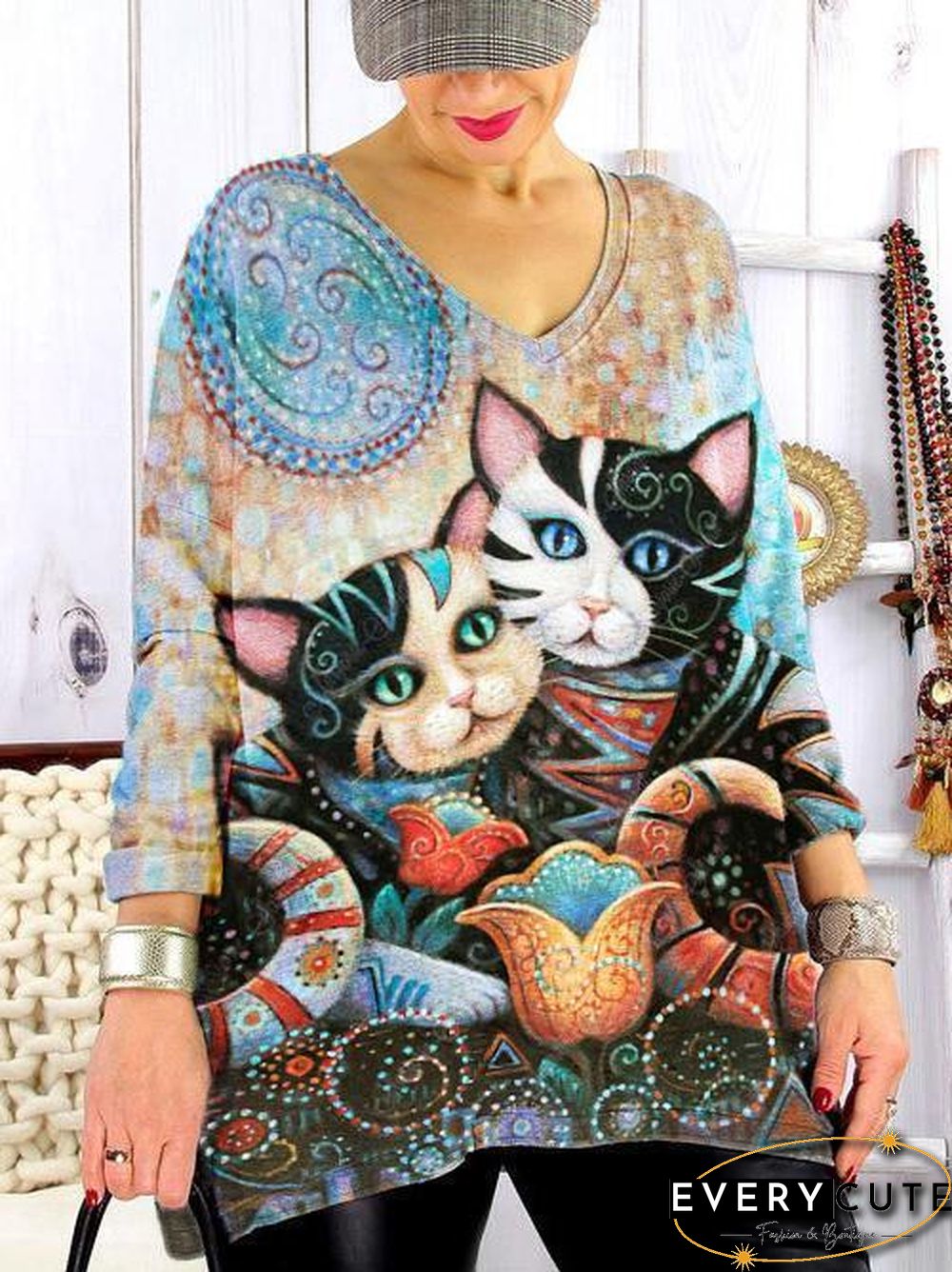 V-Necked Print Women Loose Top