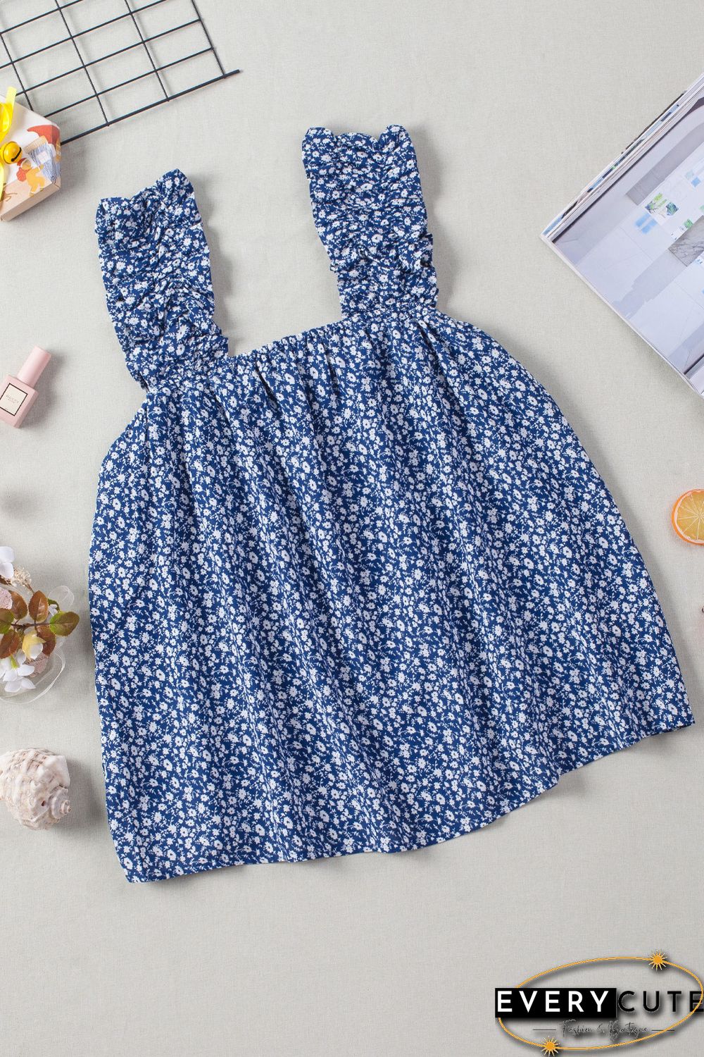 Sky Blue Floral Ruffled Straps Flowy Tank Top