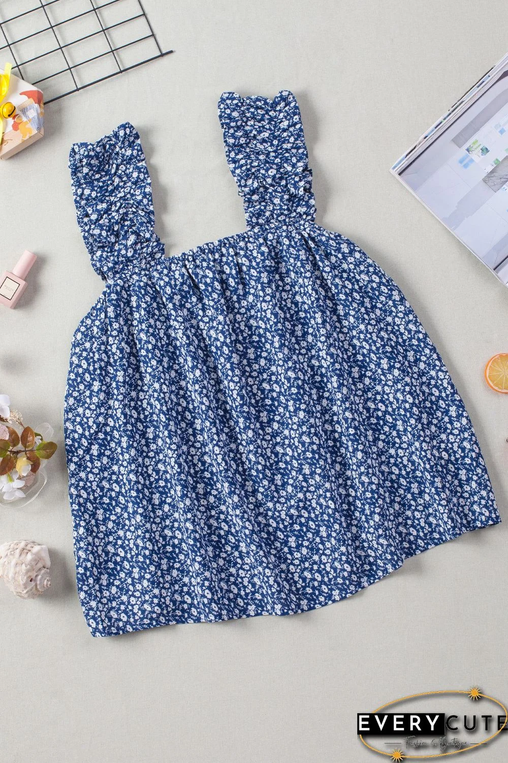 Sky Blue Floral Ruffled Straps Flowy Tank Top