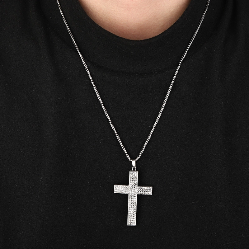 Hip-Hop Cross Alloy Titanium Steel Plating Inlay Rhinestones Men’s Pendant Necklace Men Pendant Necklaces