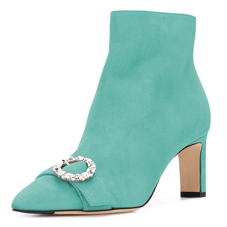 Turquoise Suede Buckle Chunky Heel Ankle Booties Vdcoo