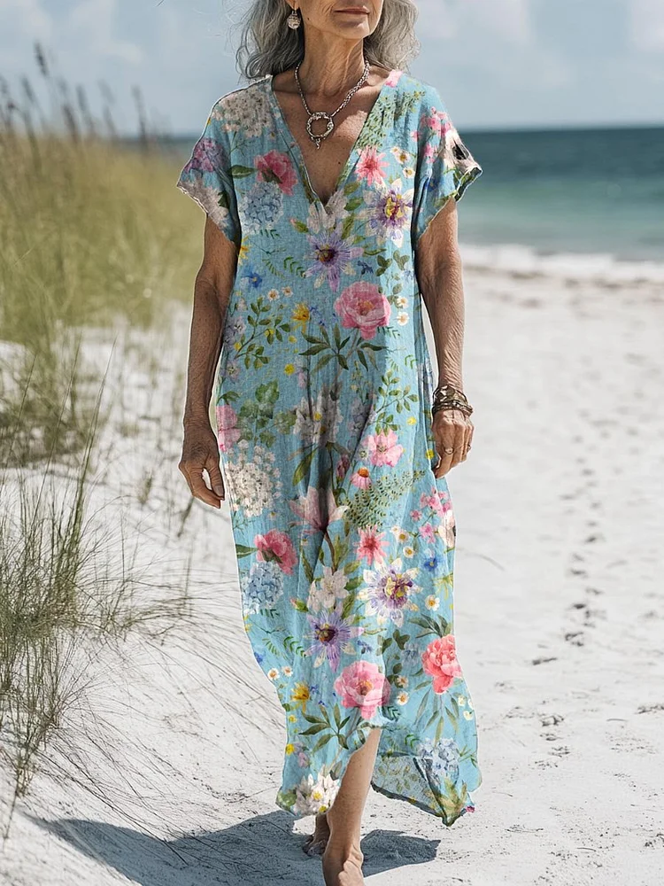 Women's Vintage Lovely Floral Art Print Pocket Cotton Dress