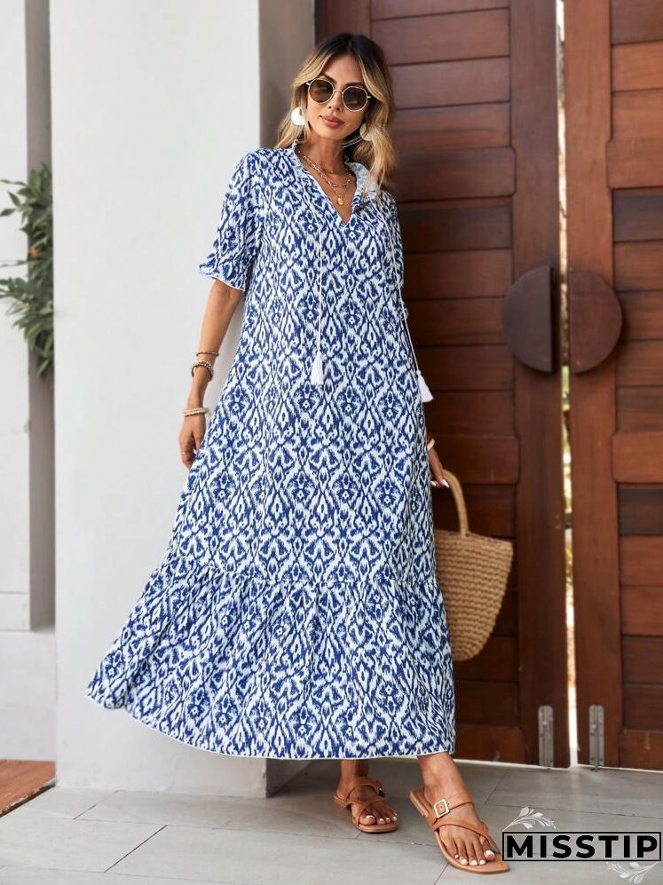 Allover Print Tassel Tie Neck Flounce Sleeve Ruffle Hem Smock Dress
