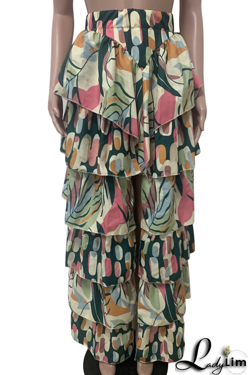 Multicolor Casual Print Flounce Straight High Waist Type A Full Print Bottoms