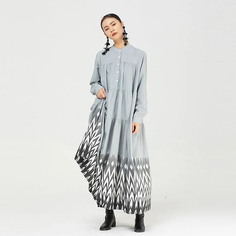 Vintage Half Stand Collar Long Sleeve Patchwork Totem Printed Hem Dress           