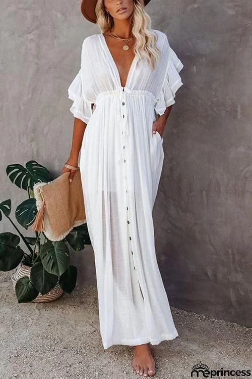 Button Drawstring Waist Bat Maxi Cover Dress