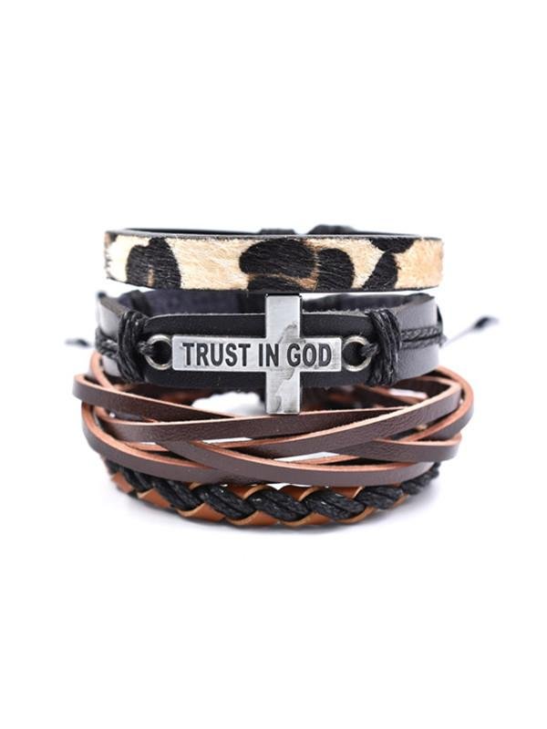 Unisex Religious Trust in god cross combination woven leather bracelet GOD letter leopard leather bracelet