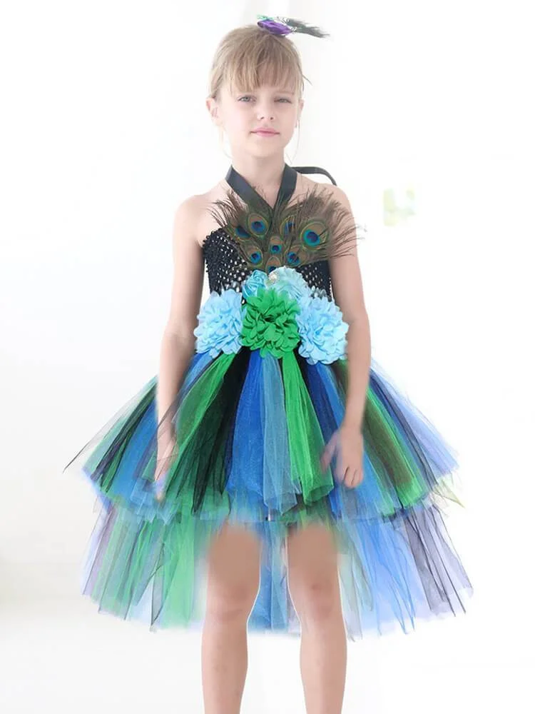 Girls Halter Knit Peacock Tiers Tutu Dress Party School Play Costume-Mayoulove