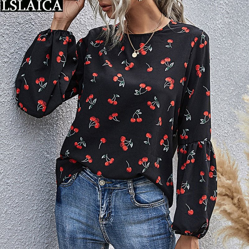 Tops for Women Fashion Cherry Print Long Sleeve O Neck Sweet Blouses Casual Fall 2020 Women Clothing Office Lady Shirts 2020
