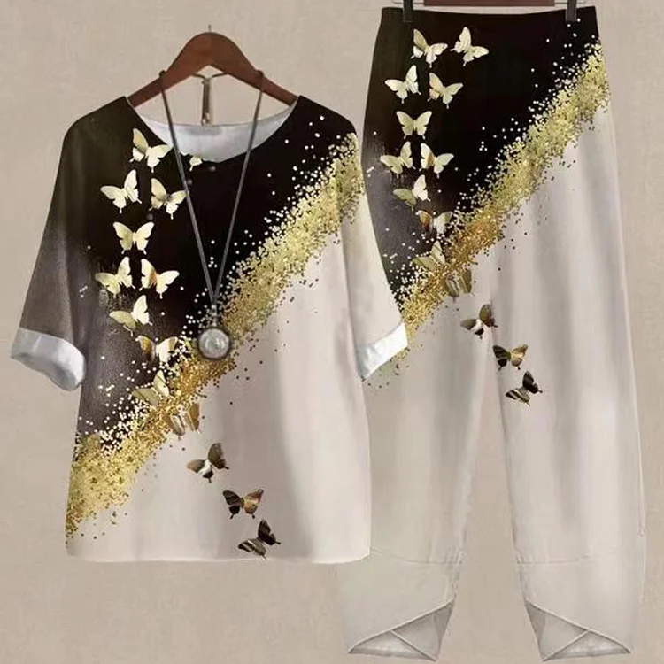 Casual Gold Butterfly Print Two Piece Set