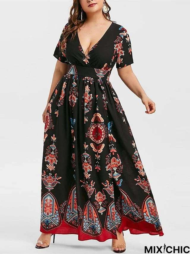 Women's Plus Size Casual Dress A Line Dress Floral Butterfly Long Dress Maxi Dress Short Sleeve Split Print V Neck Basic Daily Black White Spring Summer XL XXL 3XL 4XL 5XL