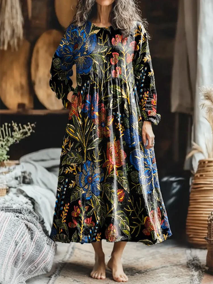 Women's Ethnic Floral Art Pattern Print Pocket Cotton Dress