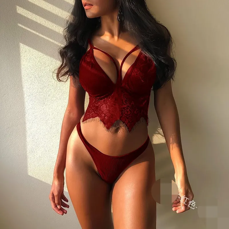 Churchf Women's Seduction Four-Color Lace Three-Point Bra Sling Suit Sex Interest Lingerie