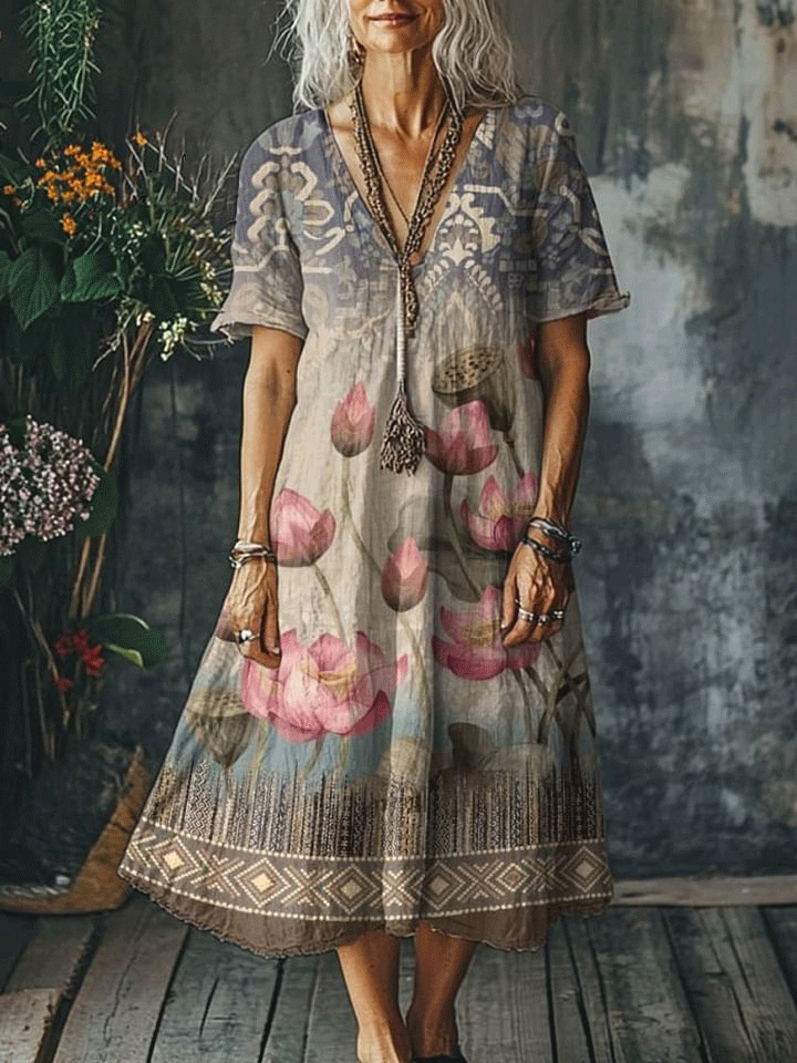 Women's Vintage Flower Art Print Pocket Cotton Dress