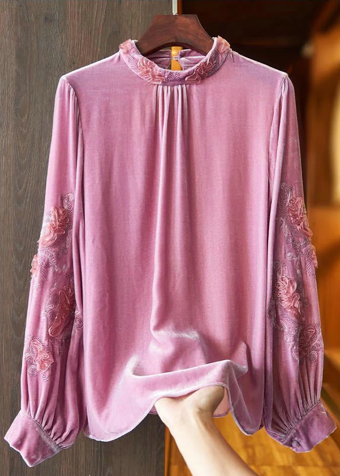 Women Pink Stand Collar Embroideried Velour Top Long Sleeve