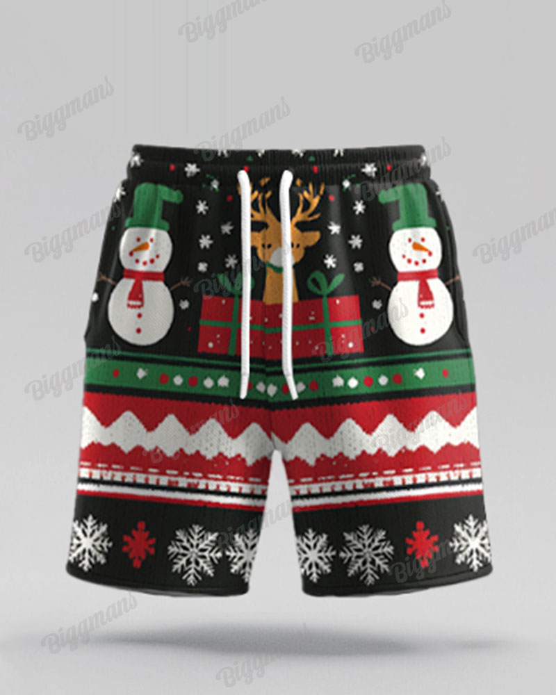Men's Plus Size Christmas Snowman Elk Sweater Printed Short Sleeve Shirt Shorts Suit
