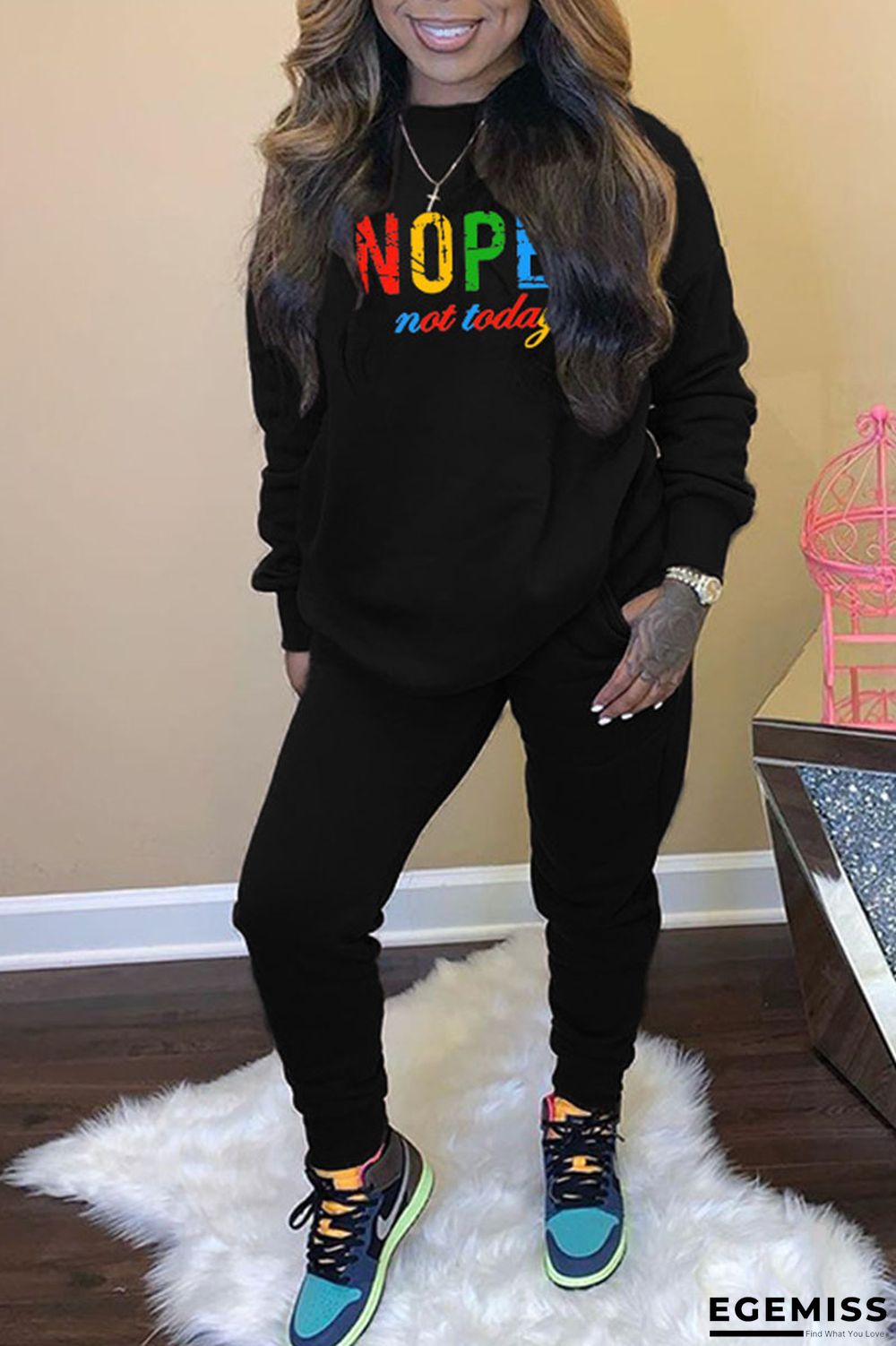 Black Casual Print Patchwork O Neck Long Sleeve Two Pieces | EGEMISS