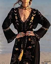 Women's V-neck Black Embroidery Print Dress