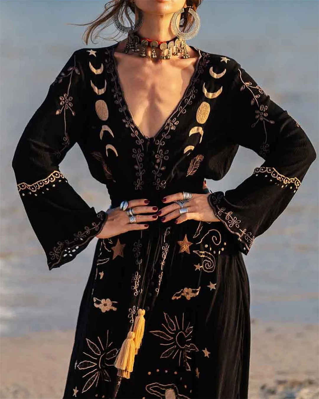 Women's V-neck Black Embroidery Print Dress