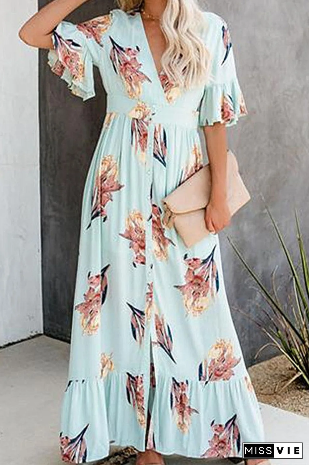 Ruffled V-neck Printed Maxi Dress