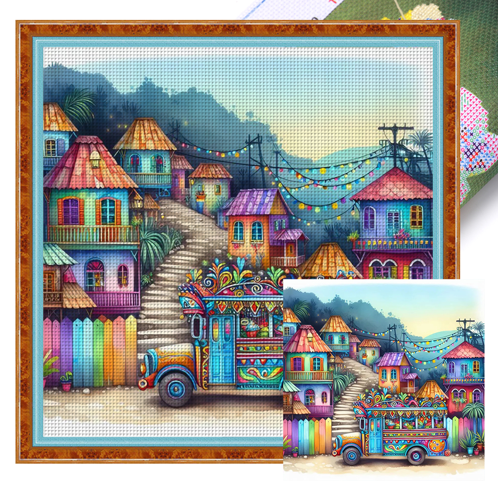 Colorful Camper Van Full 11CT Pre-stamped Canvas(45*45cm) Cross Stitch