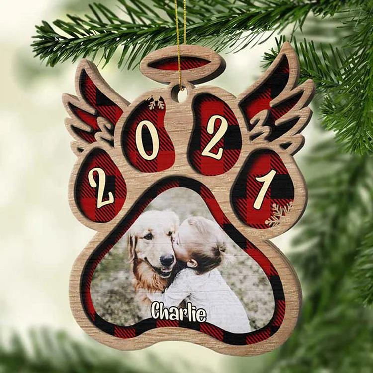  Holz Weihnachtsornament-Personalisierte Name Jahr & Foto Engelsflügel Haustierpfote Ornament Anhänger Weihnachtsgeschenk