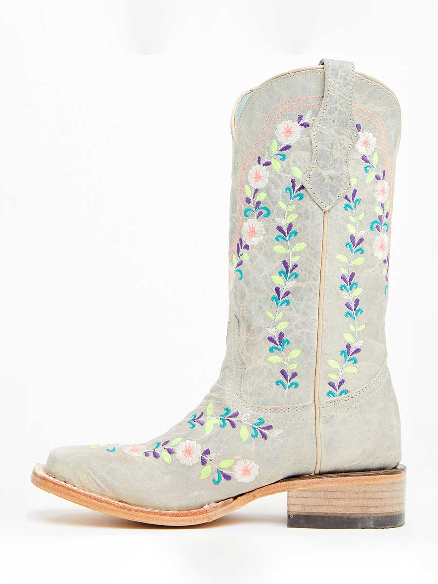 Grey Floral Embroidered Square Toe Chunky Heel Cowboy Boots for Women