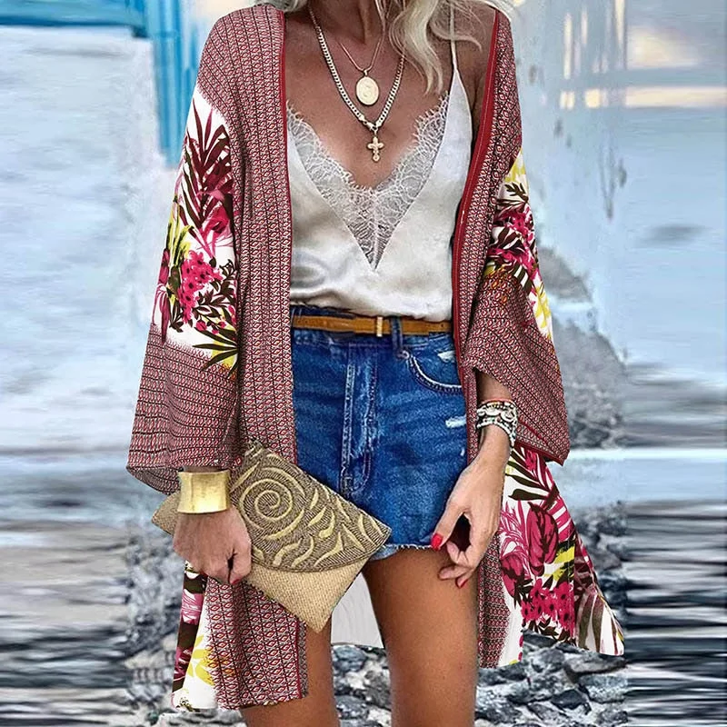 ZANZEA Women Summer Open Front Long Sleeve Blouse Kimono Bohemian Floral Printed Cardigan Vintage Blusas Casual Loose Beach Tops