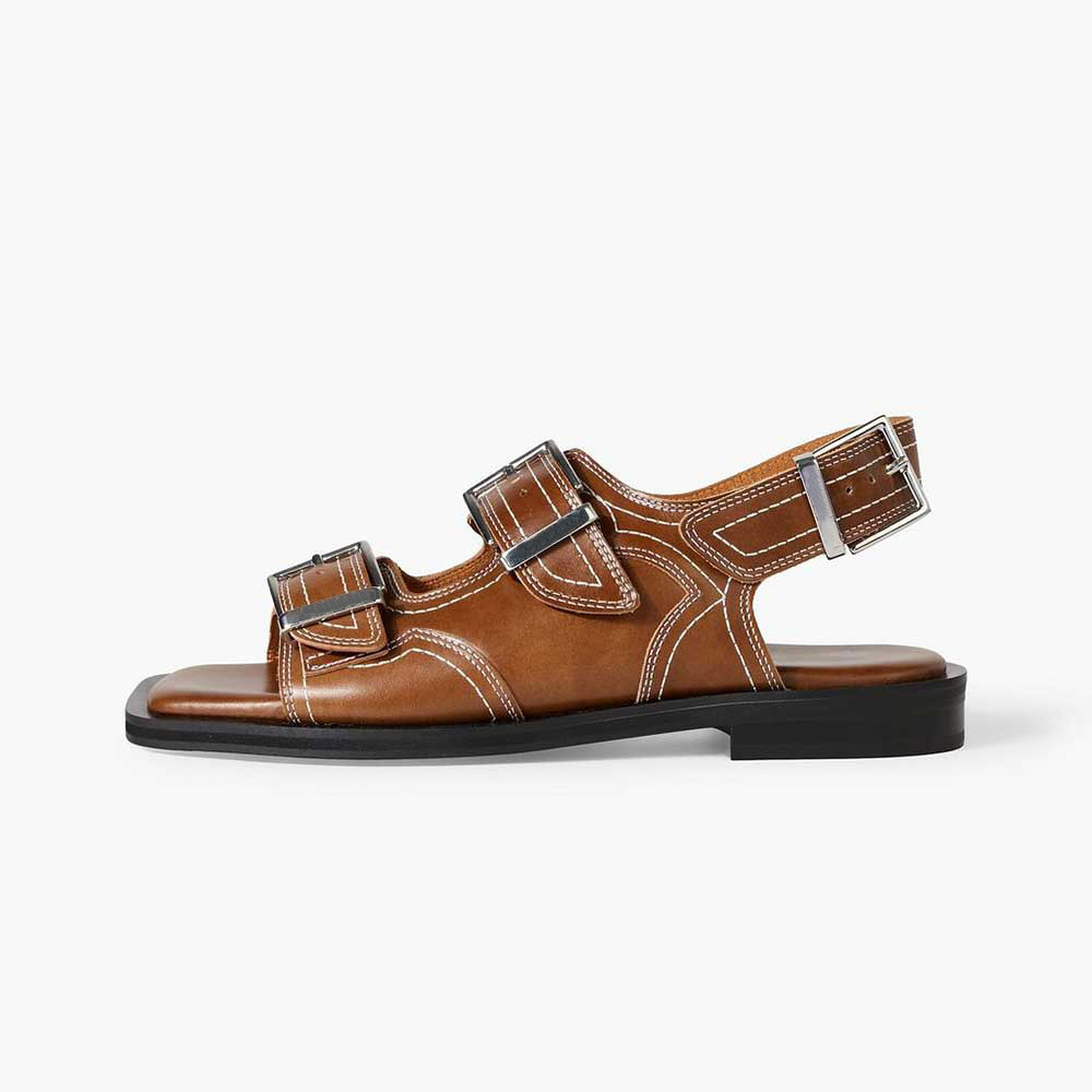 Brown Vegan Leather Square Toe Buckle Fastening Slingback Strap Flats Nicepairs