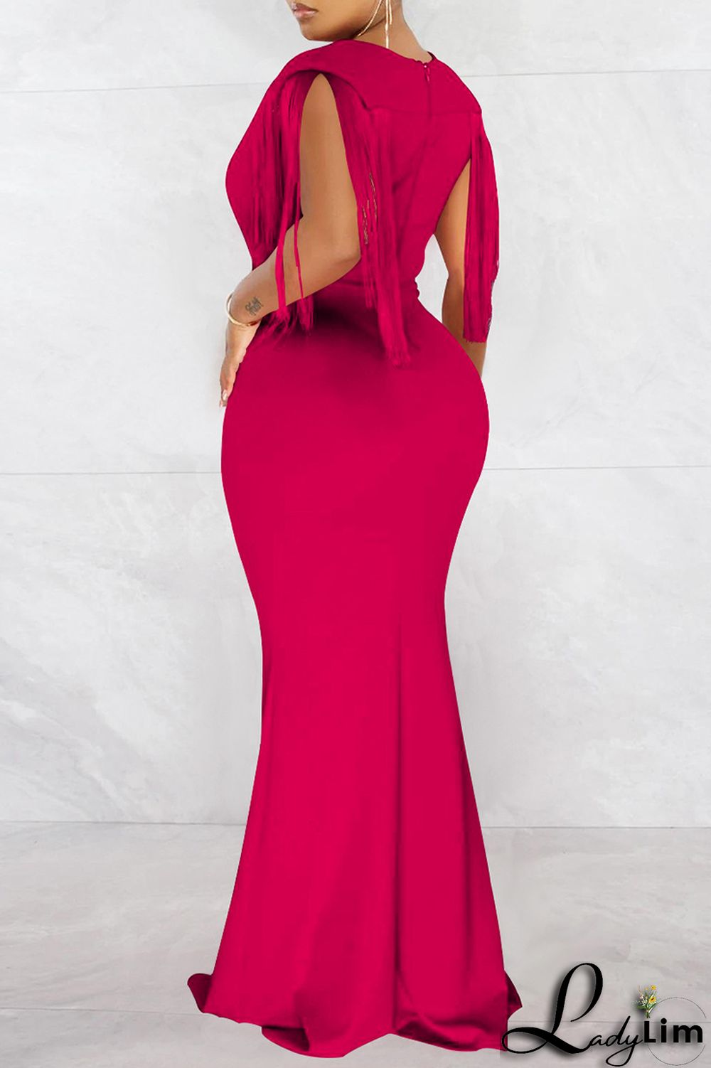 Red Fashion Sexy Solid Tassel Patchwork V Neck Long Dress