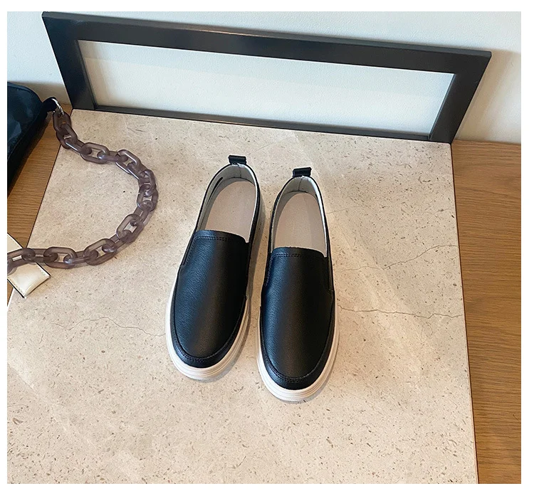 Women Casual Flats Shoes Slip-on Creepers Platform Genuine Leather White Loafers Shoes shopify Stunahome.com