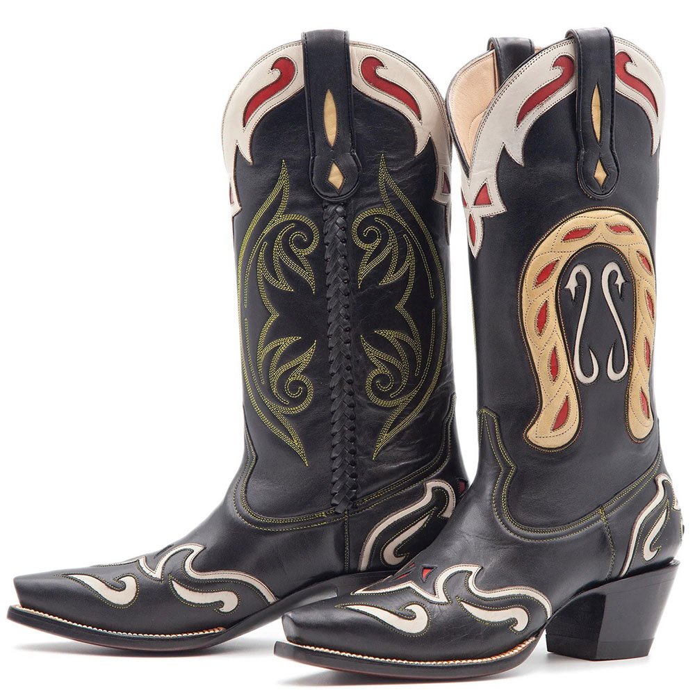 Black Snip Toe Embroidered Cut-Out Design Knee High Cowgirl Boots Nicepairs