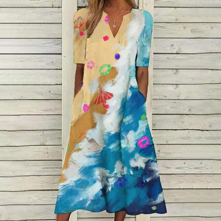 Printed V-neck Short Sleeve Dress
